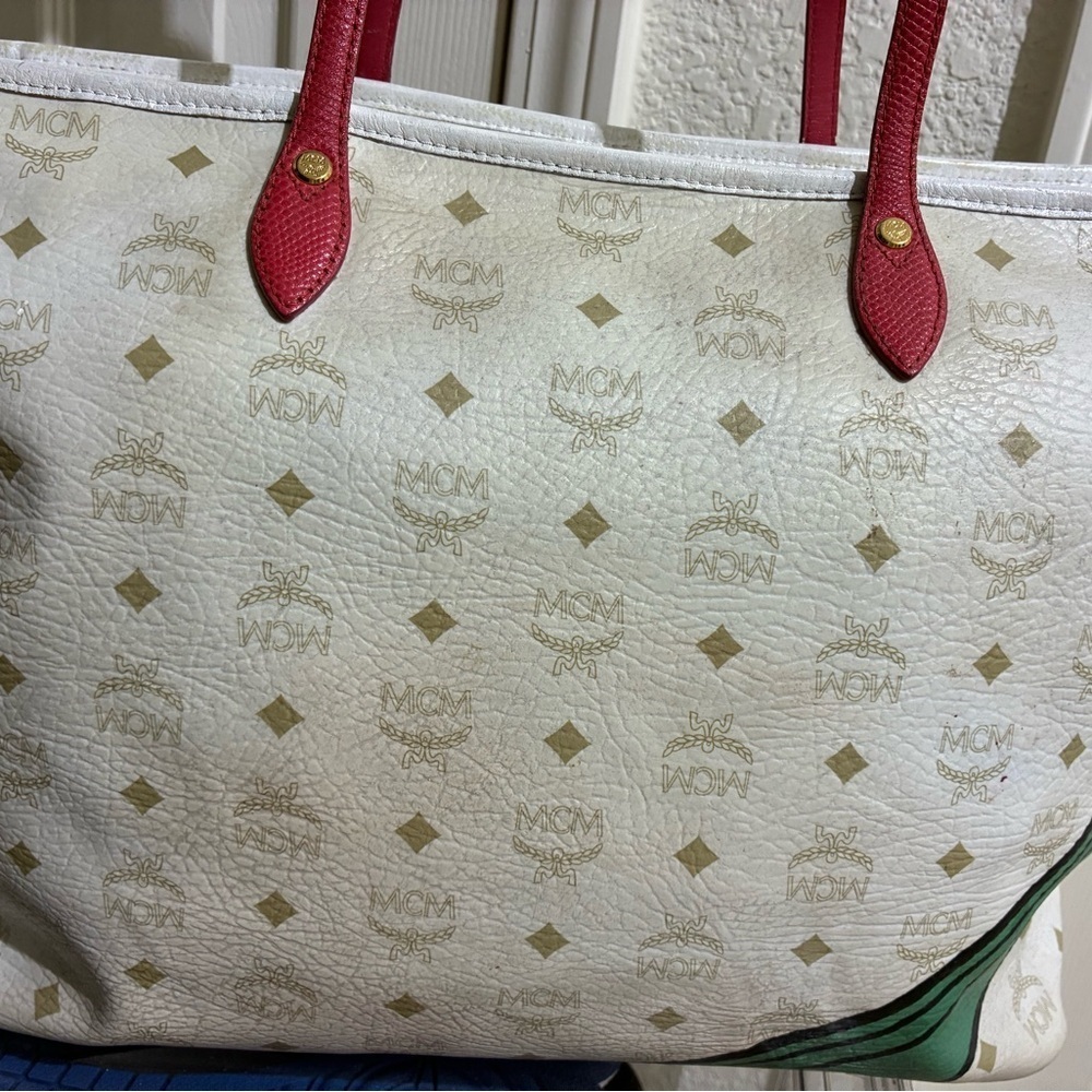 MCM White and Green Geometric Tote - Picture 7 of 10